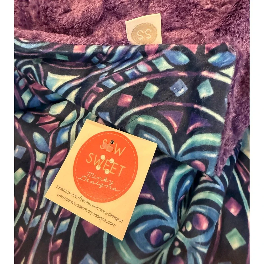 Sew Sweet Minky Designs 70x58 Blanket Purple Blue Stained Glass Mandala NEW
